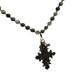 Vintage Ethiopian Coptic Cross Necklace Agate Beads Brass Pendant Long Boho 20"